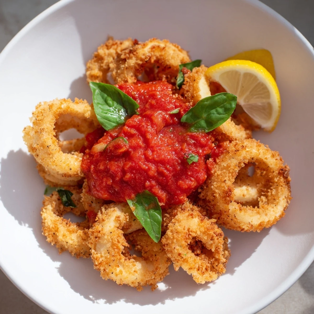 Freshly prepared Crispy Calamari with Marinara Dipping Sauce served hot alongside a glass of white wine.