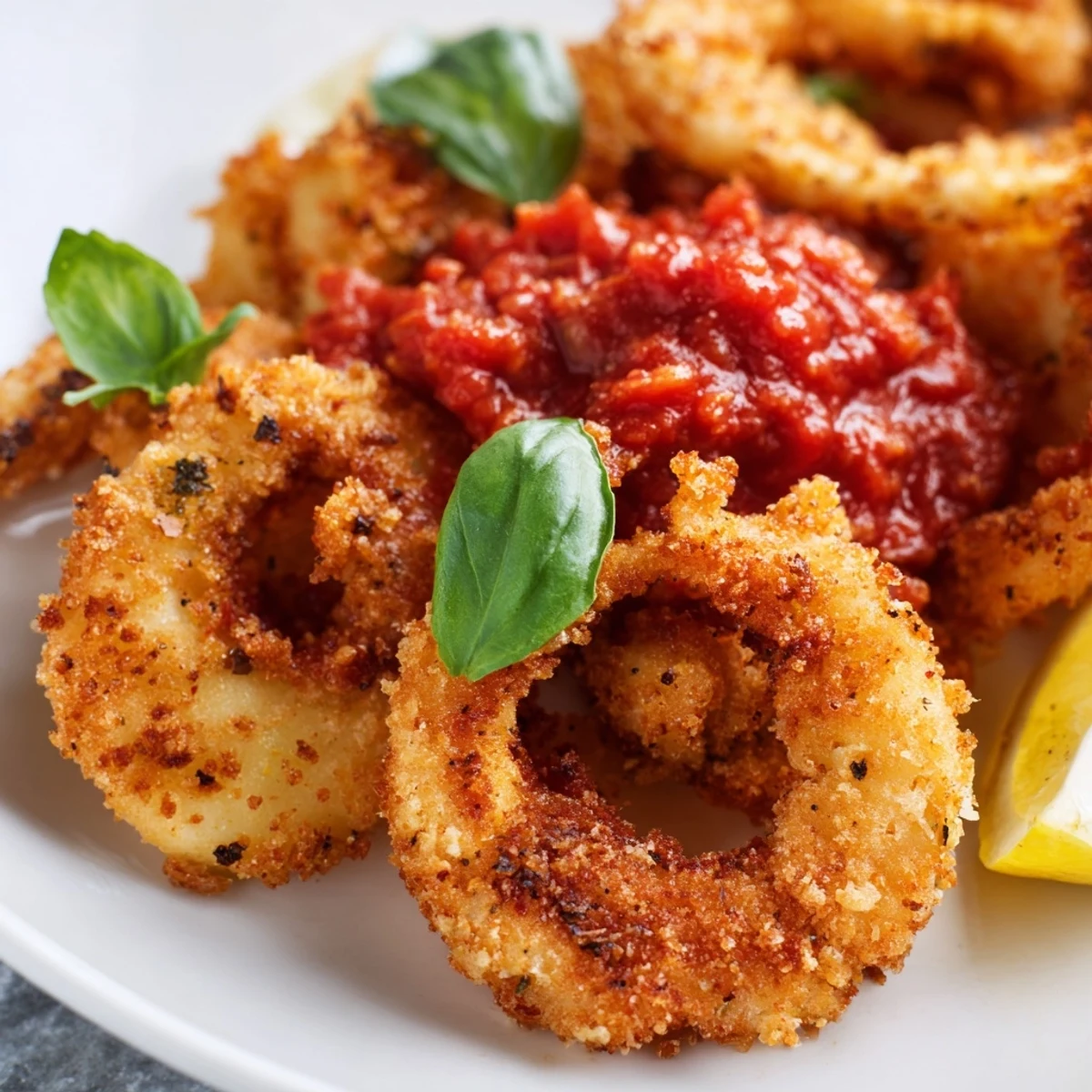 Steaming Crispy Calamari with Marinara Dipping Sauce on a platter with fresh basil garnish and lemons.