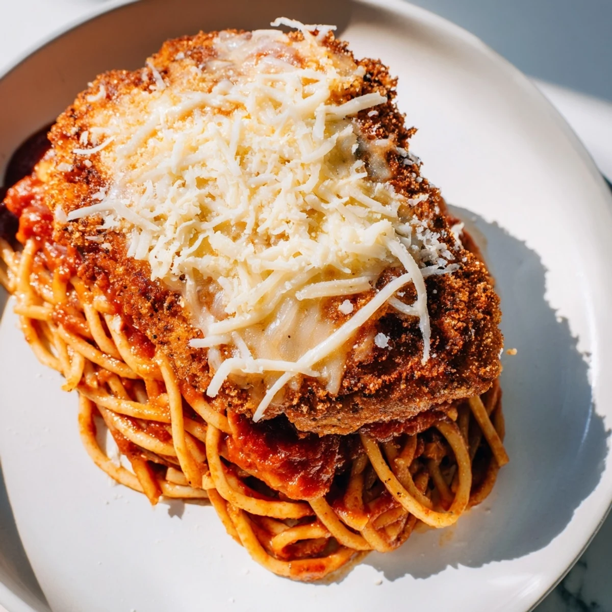Tender spaghetti noodles tossed in tomato sauce, topped with baked Chicken Parmesan over Spaghetti with Marinara Sauce.