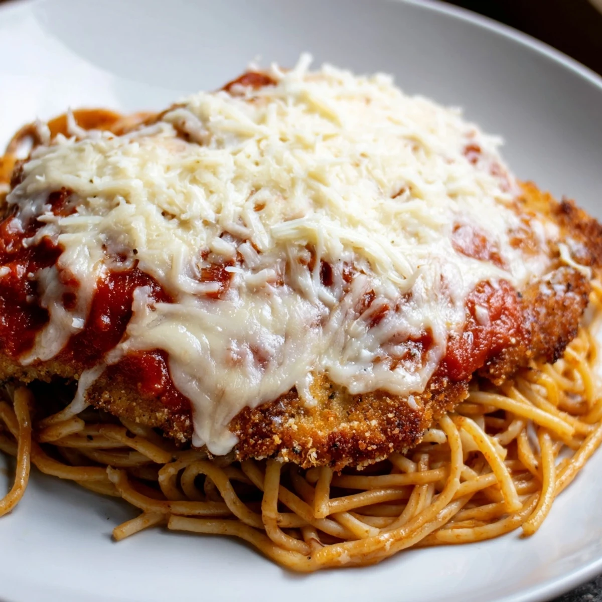 Homemade Chicken Parmesan over Spaghetti with Marinara Sauce, garnished with fresh basil and grated Parmesan cheese.