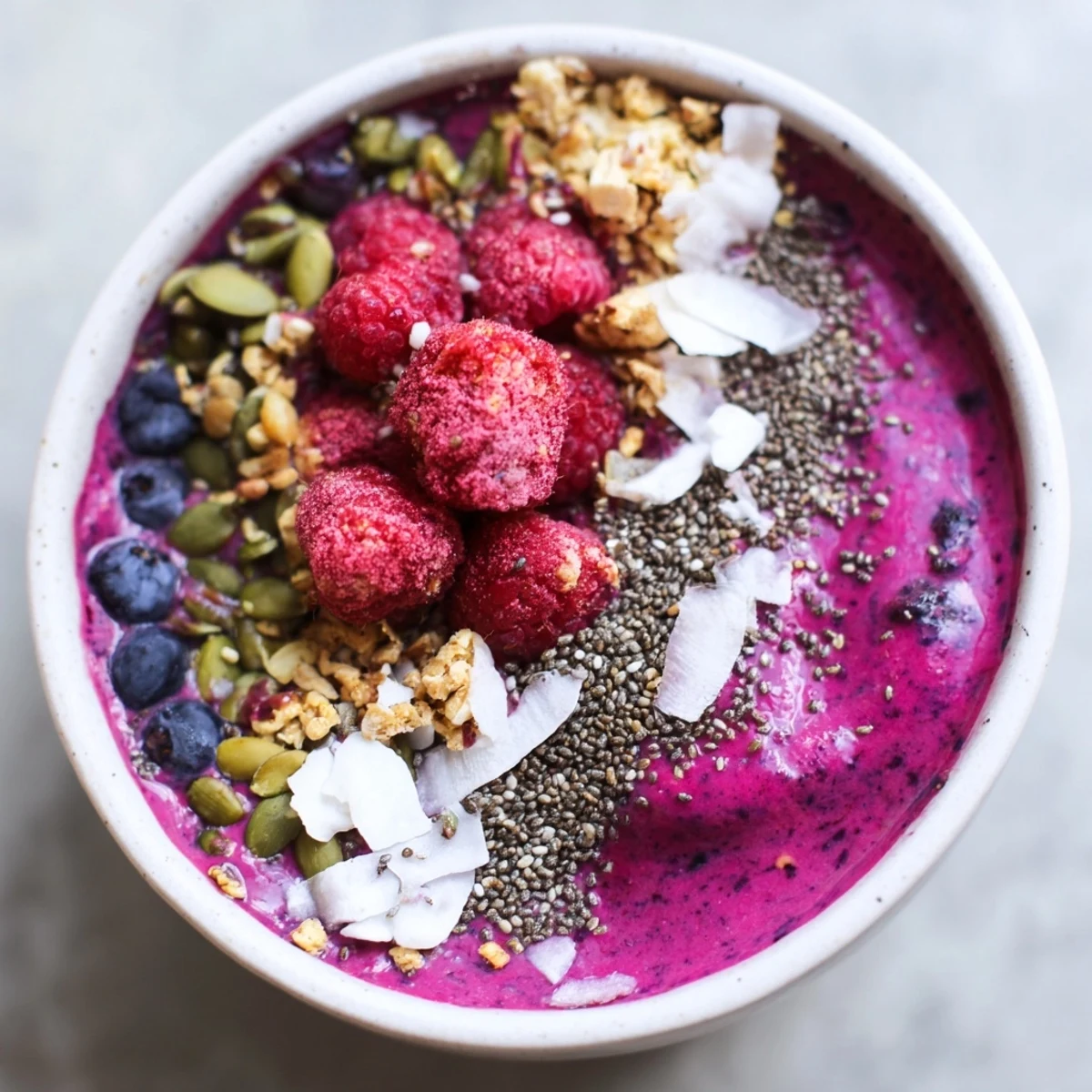 A vibrant Winter Berry Smoothie Bowl with Chia and Hemp Seeds topped with fresh berries and granola.