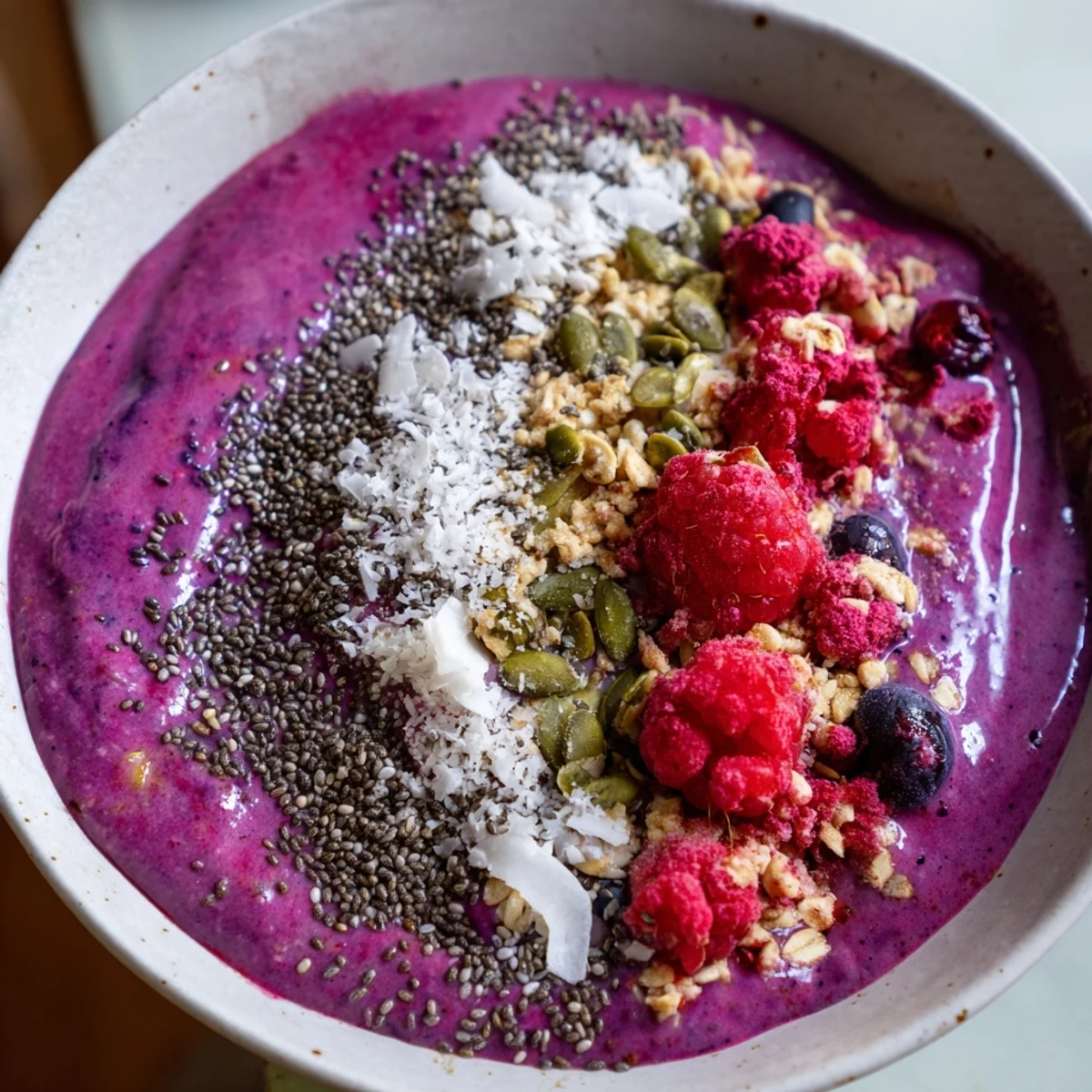 Thick purple smoothie in a white bowl with crunchy chia and hemp seeds for breakfast.