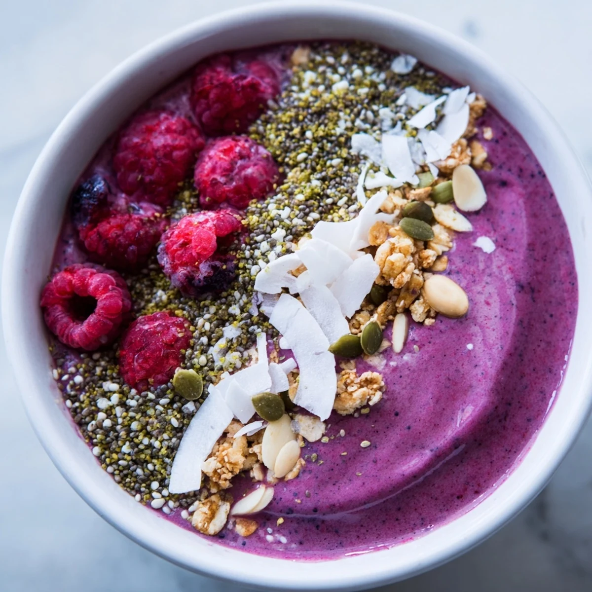 Healthy Winter Berry Smoothie Bowl with Chia and Hemp Seeds served with coconut and pumpkin seeds.