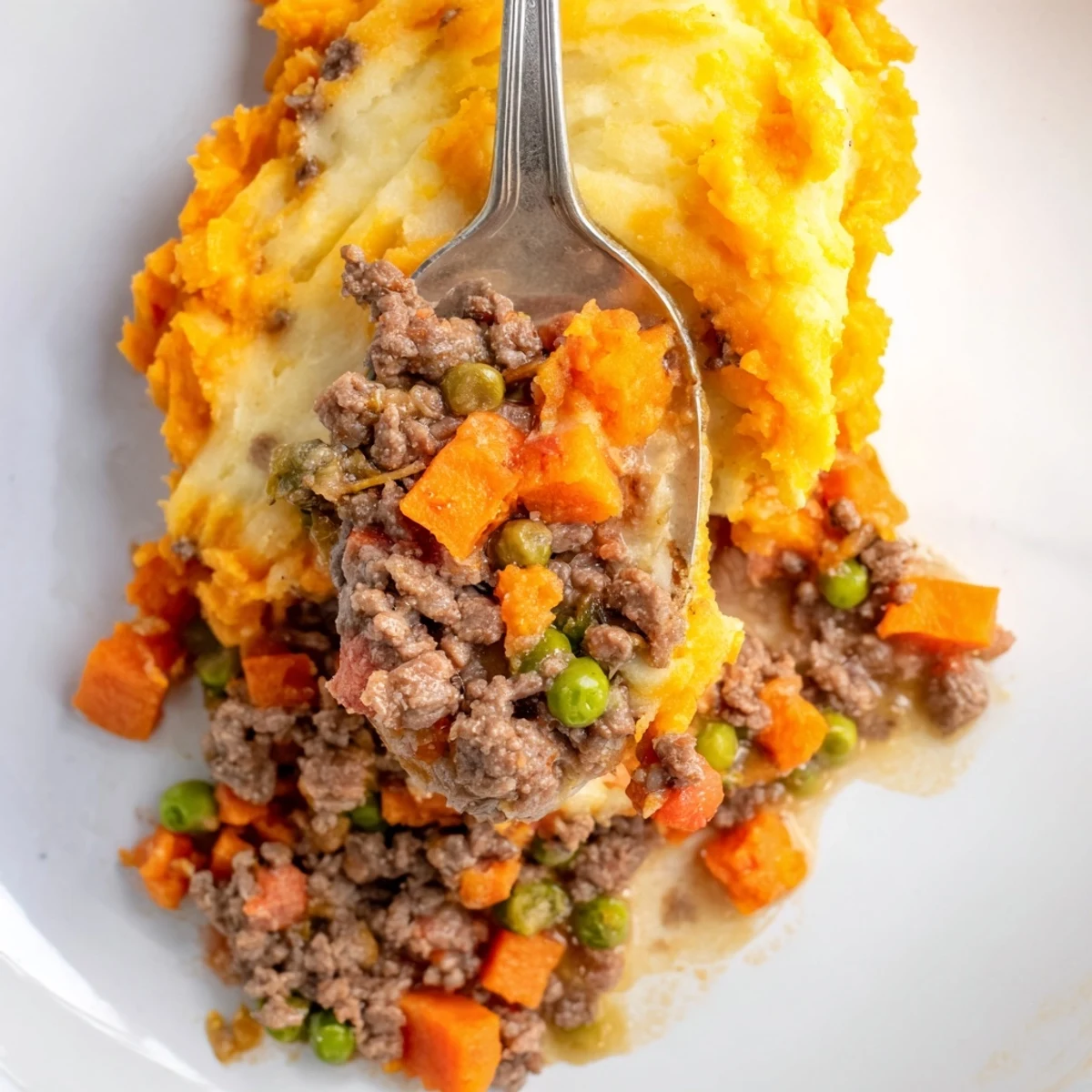 A close-up of golden Beef Shepherds Pie with Sweet Potato Mash, its creamy, fluffy topping baked to a light crust.