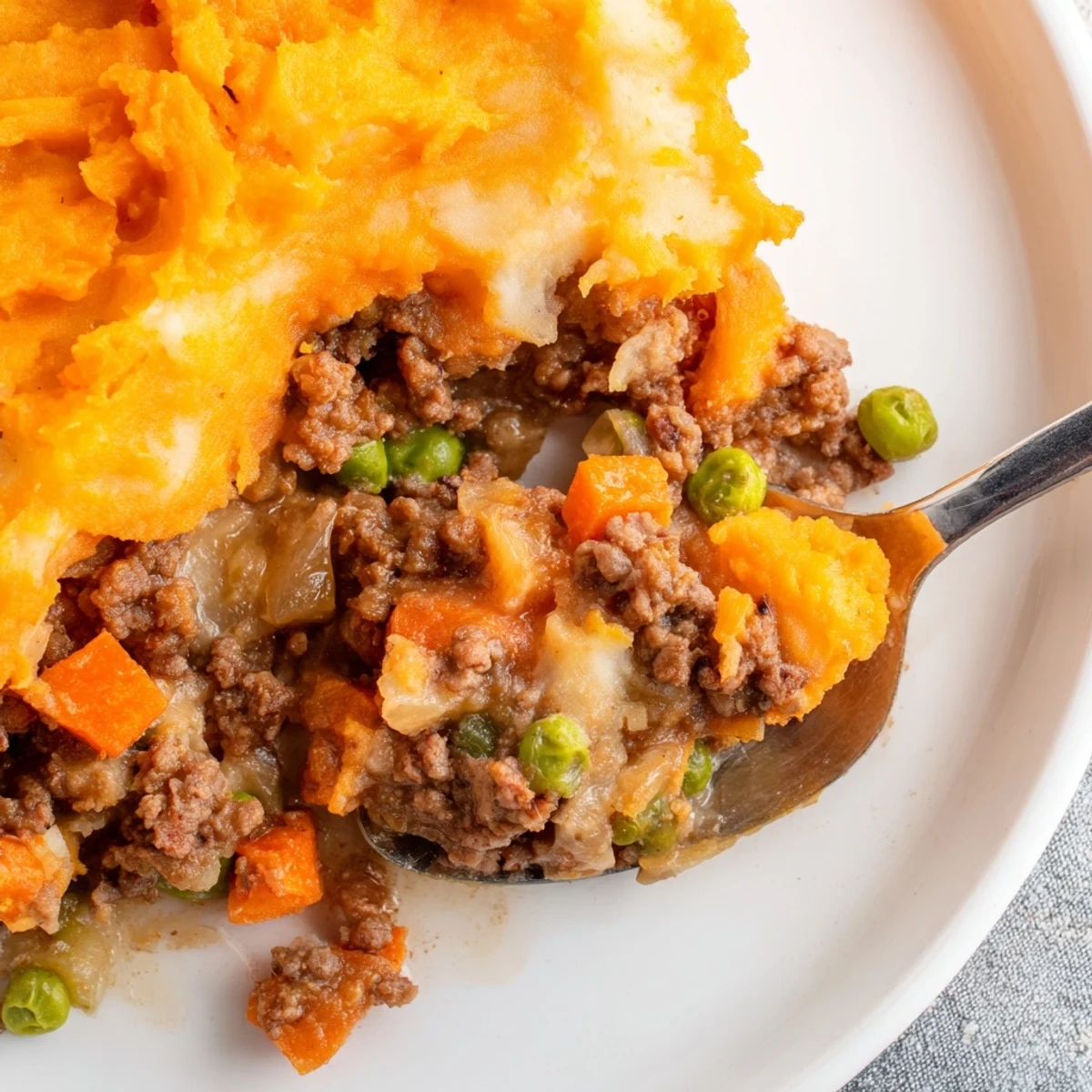 Steam rises from a hearty slice of Beef Shepherds Pie with Sweet Potato Mash served beside a fresh garden salad.