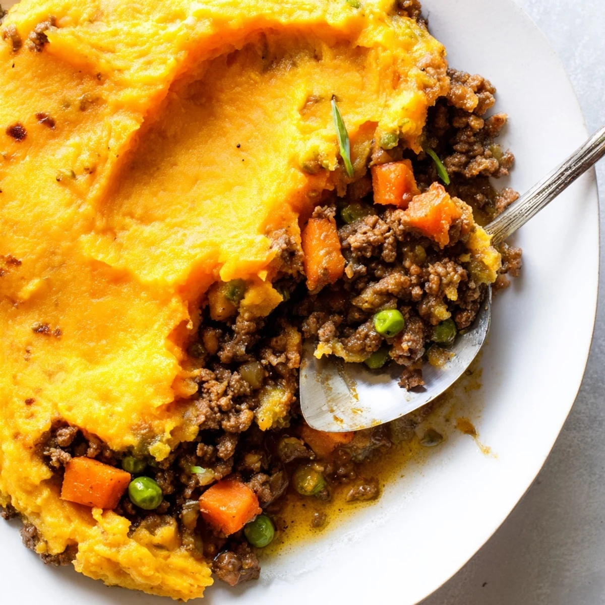 Family-style casserole dish of Beef Shepherds Pie with Sweet Potato Mash, its savory filling bubbling beneath an orange mash.
