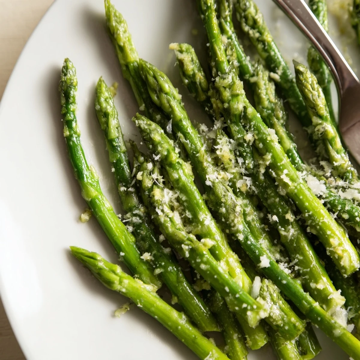 Bright green asparagus spears sautéed with fresh garlic, bright lemon zest, and a generous shower of grated Parmesan cheese.