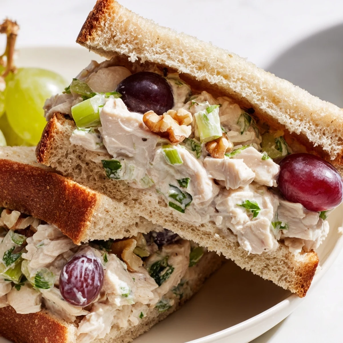 Open-faced Chicken Salad Sandwich with Grapes and Walnuts on a rustic wooden board, garnished with fresh parsley.