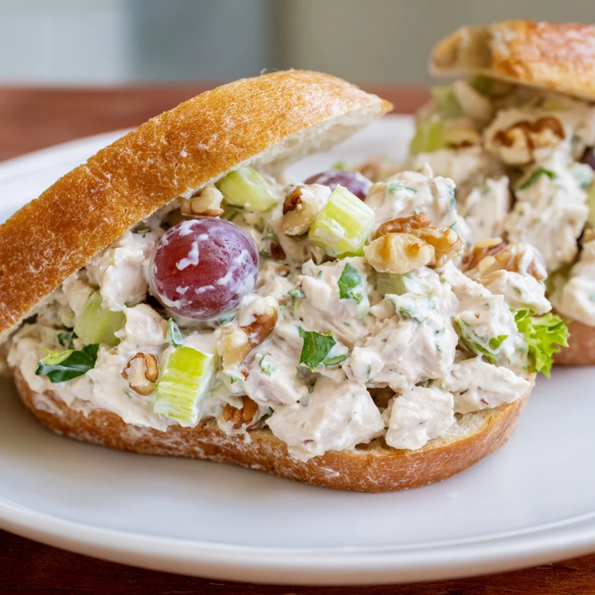 Two hearty Chicken Salad Sandwich with Grapes and Walnuts served on croissants with lettuce and a side of grapes.