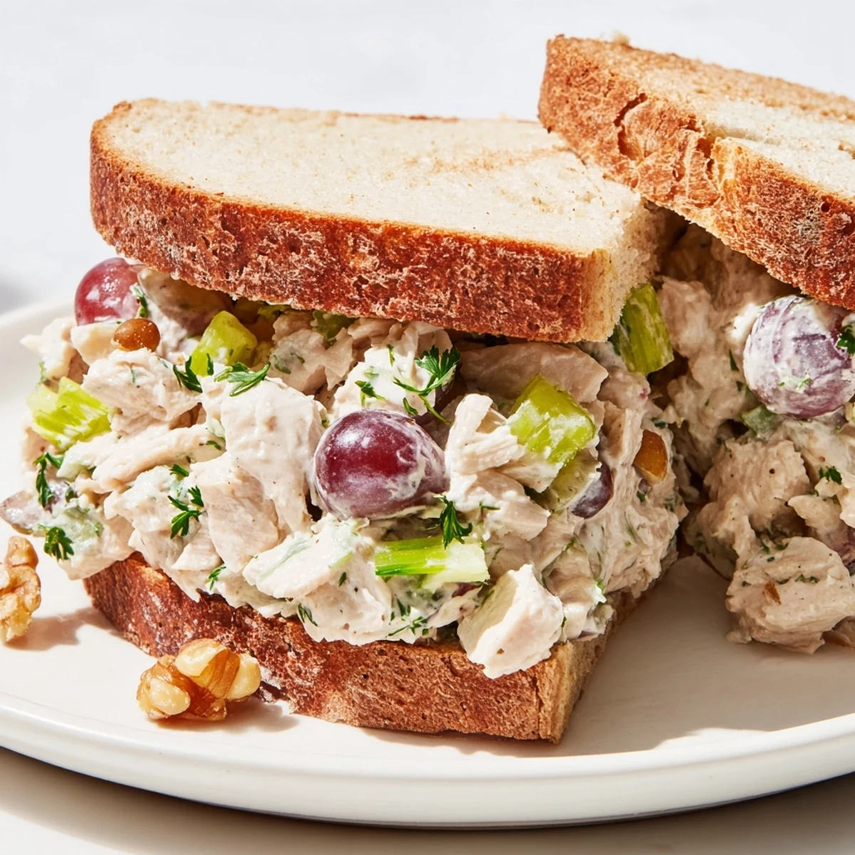 Close-up of a Chicken Salad Sandwich with Grapes and Walnuts on whole grain bread, showcasing creamy dressing and crunchy walnuts.