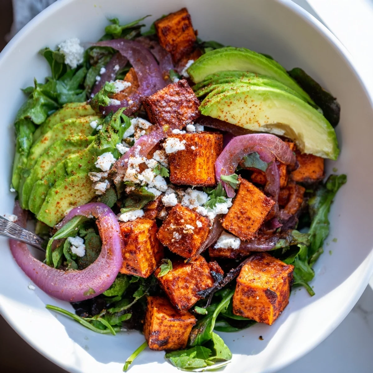 Roasted Sweet Potato Salad with Lime Dressing topped with creamy avocado slices and fresh cilantro on mixed greens.
