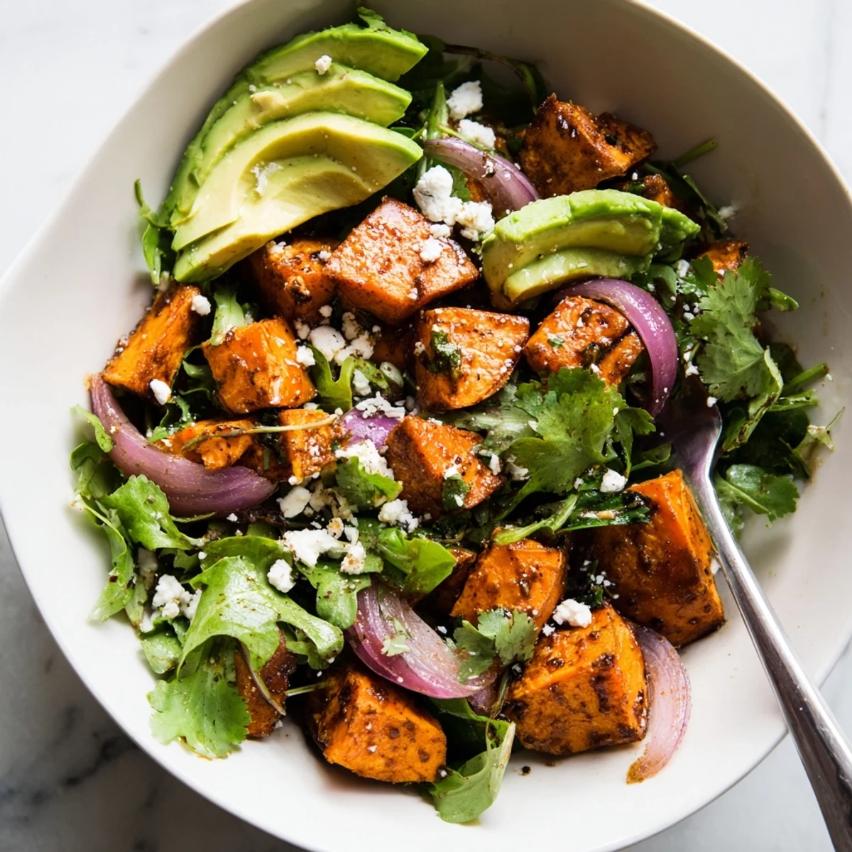 A plated Roasted Sweet Potato Salad with Lime Dressing served with extra lime wedges and optional crumbled feta.