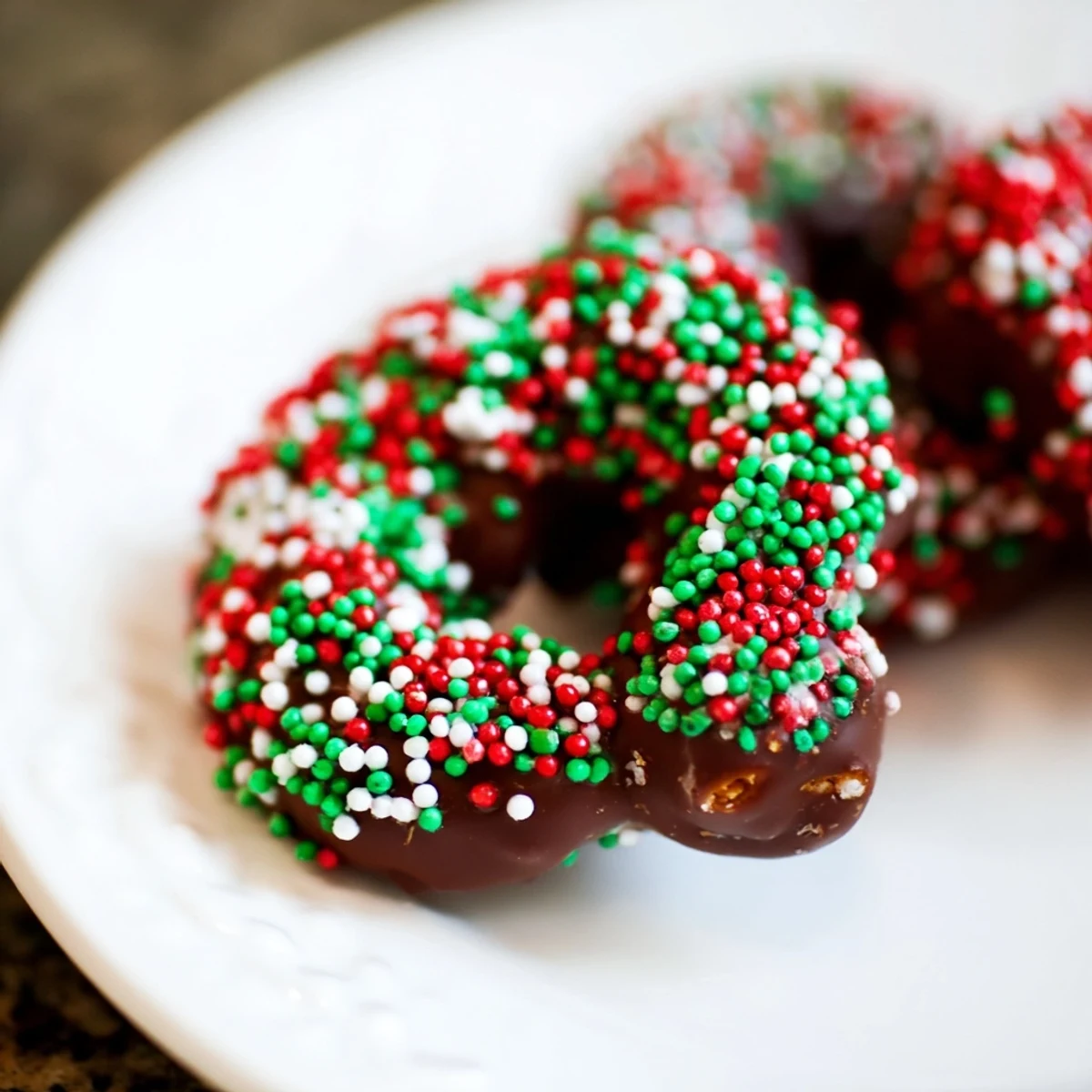 Festive chocolate covered pretzels topped with colorful sprinkles served on a parchment-lined platter for holiday snacking.