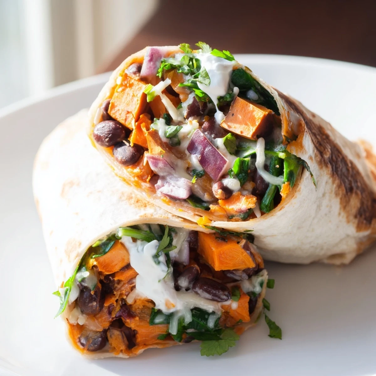 Two golden-brown Roasted Sweet Potato and Black Bean Burritos rest on a rustic board, cut in half to show the vibrant filling.