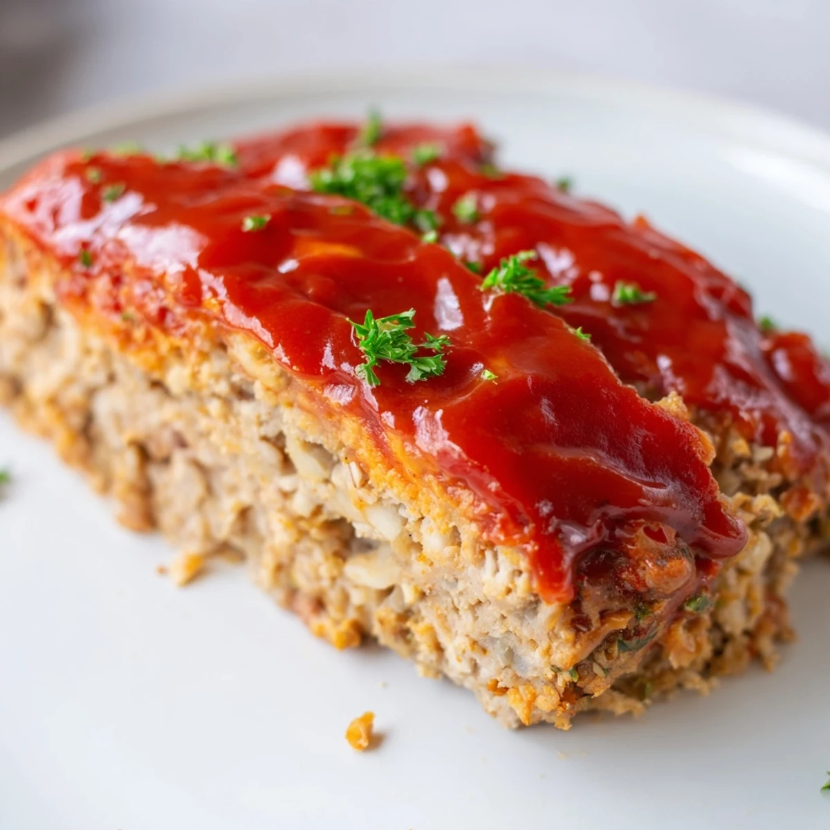 Freshly baked Turkey Meatloaf with Tomato Glaze, sliced to show a juicy, tender interior and tangy red glaze on a white plate with parsley garnish.