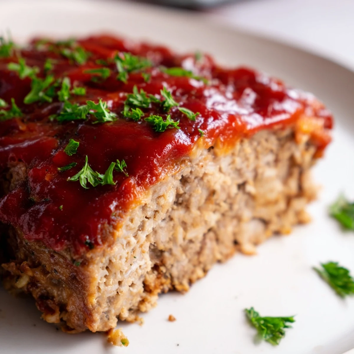 A rustic Turkey Meatloaf with Tomato Glaze resting on a wooden cutting board, surrounded by roasted carrots and a fresh salad for a cozy family dinner.