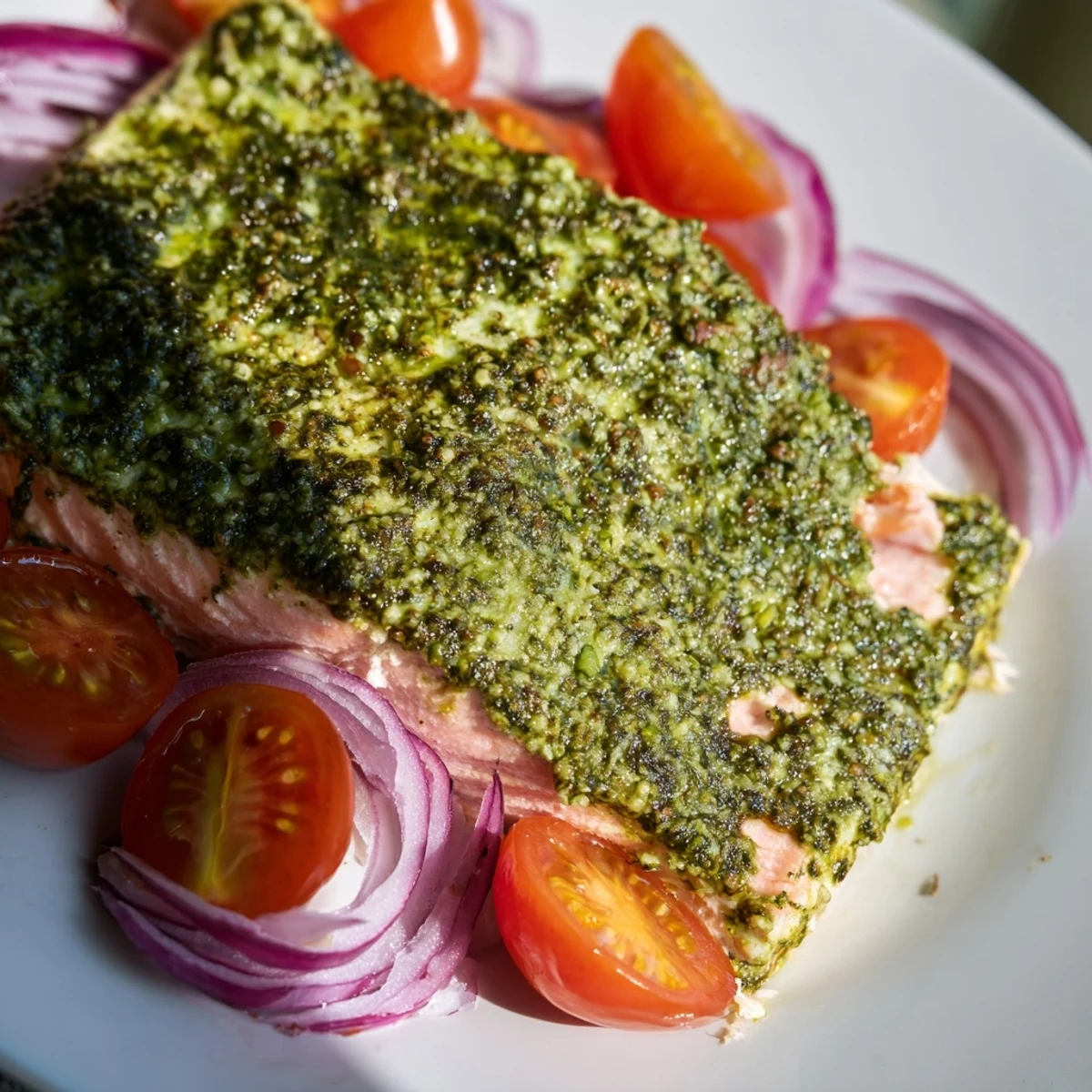 Golden-baked salmon fillets topped with vibrant green pesto and roasted cherry tomatoes on a baking sheet.