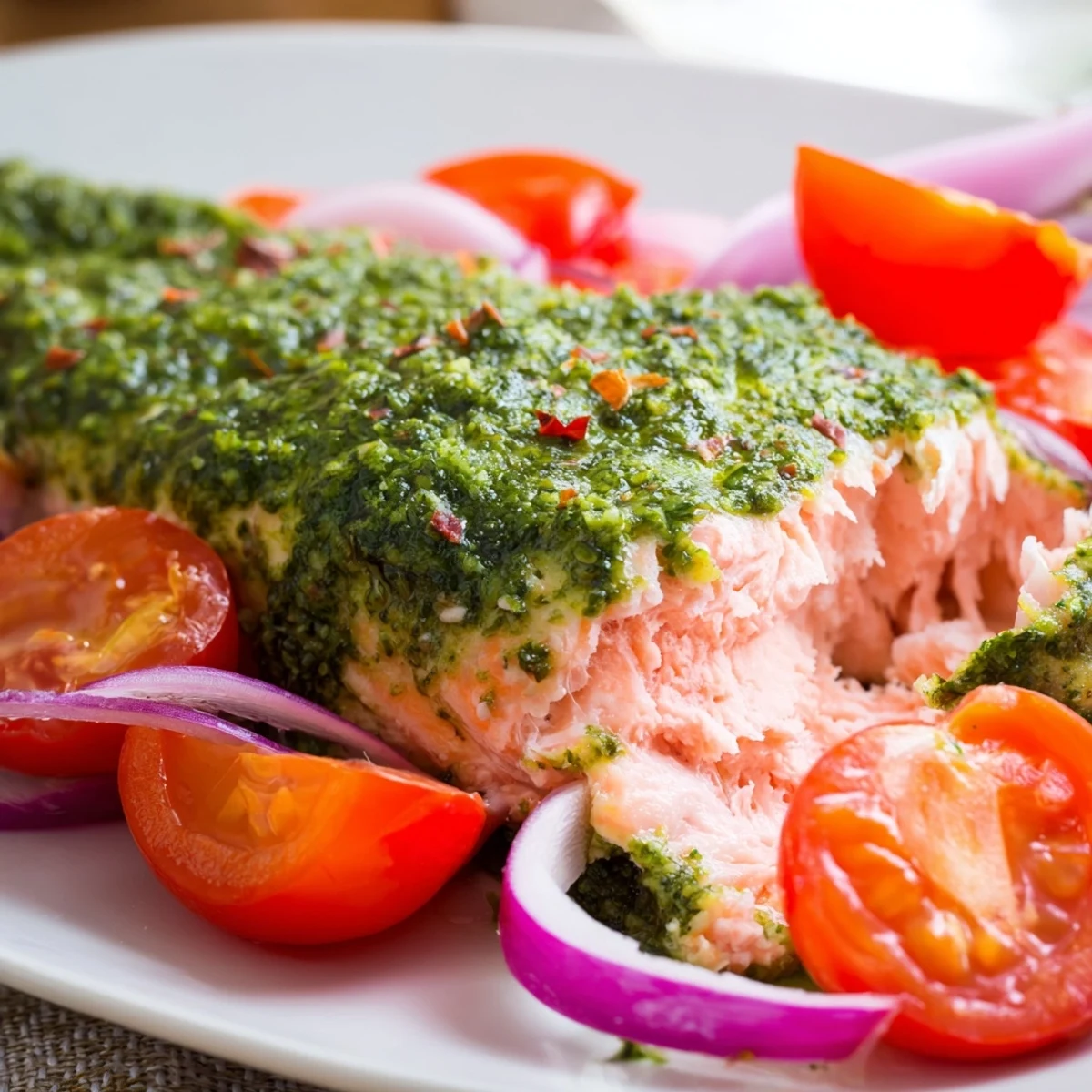 Fork-tender salmon with sweet blistered tomatoes and fresh basil pesto, ready to serve for dinner.