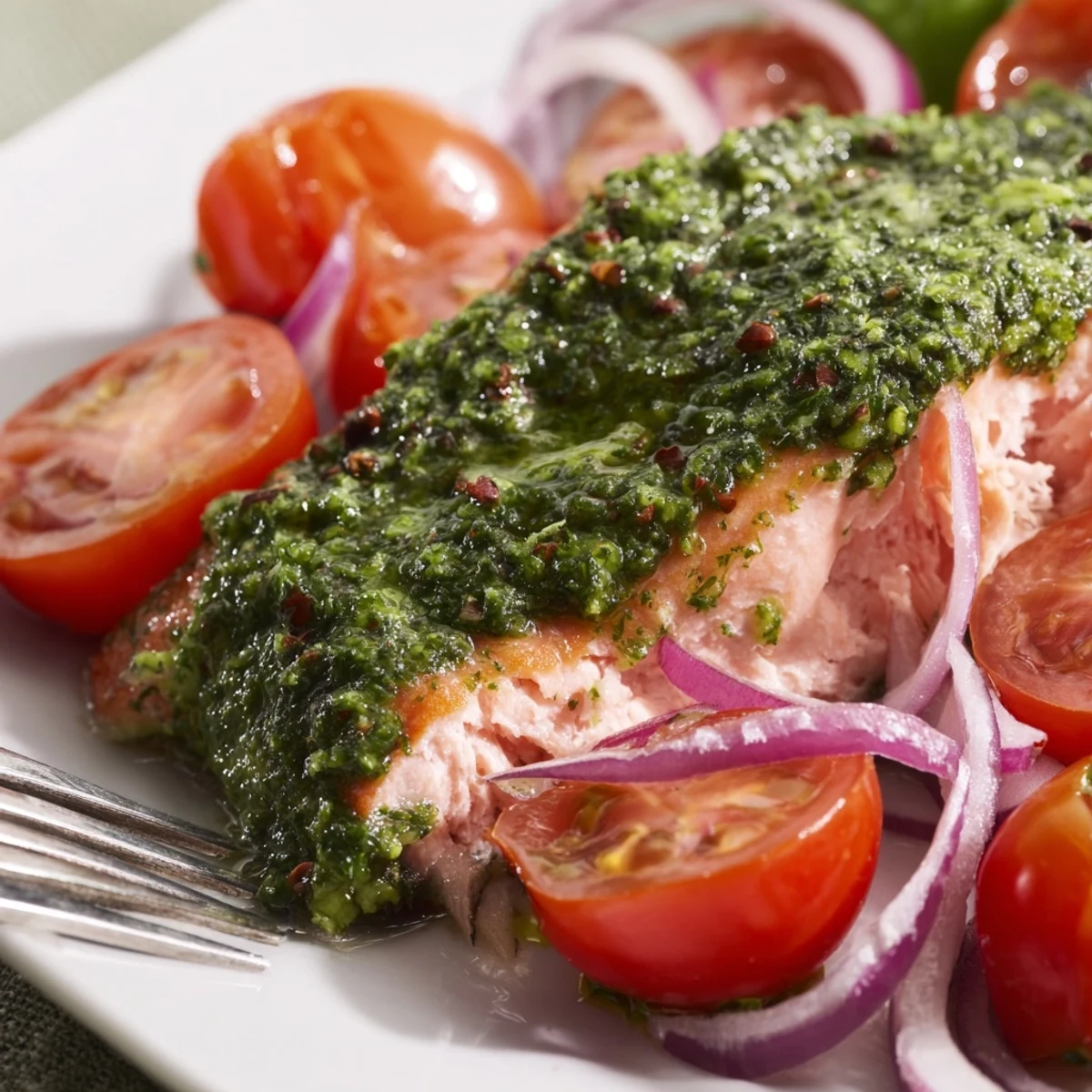 Mediterranean-style baked salmon with pesto and tomatoes, garnished with lemon wedges on a ceramic platter.