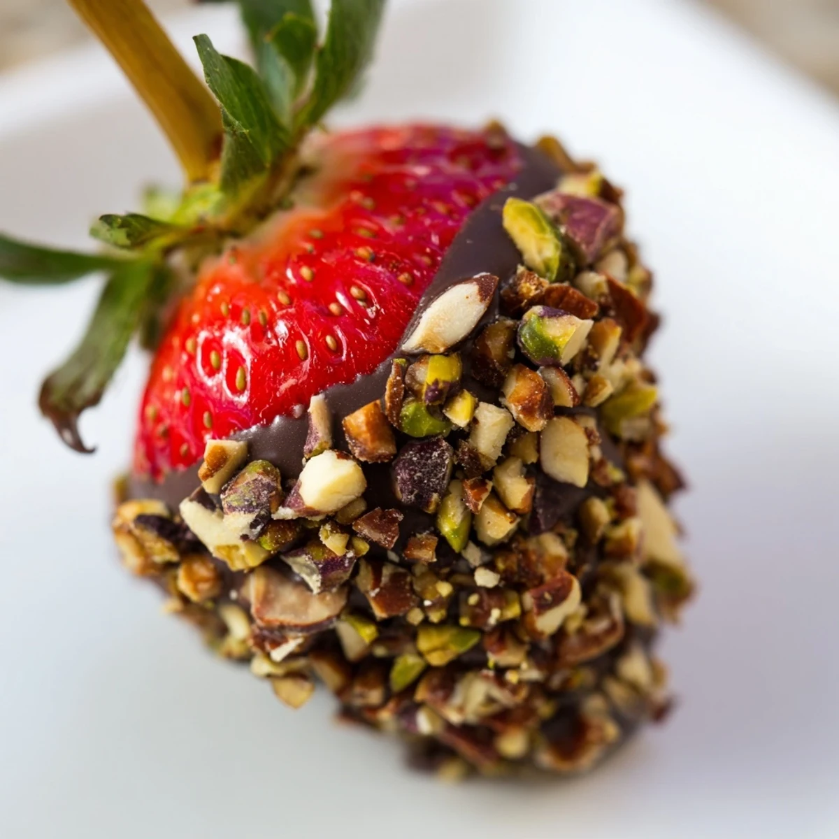 Juicy strawberries dipped in rich dark chocolate, finished with crunchy chopped nuts on a elegant serving tray.
