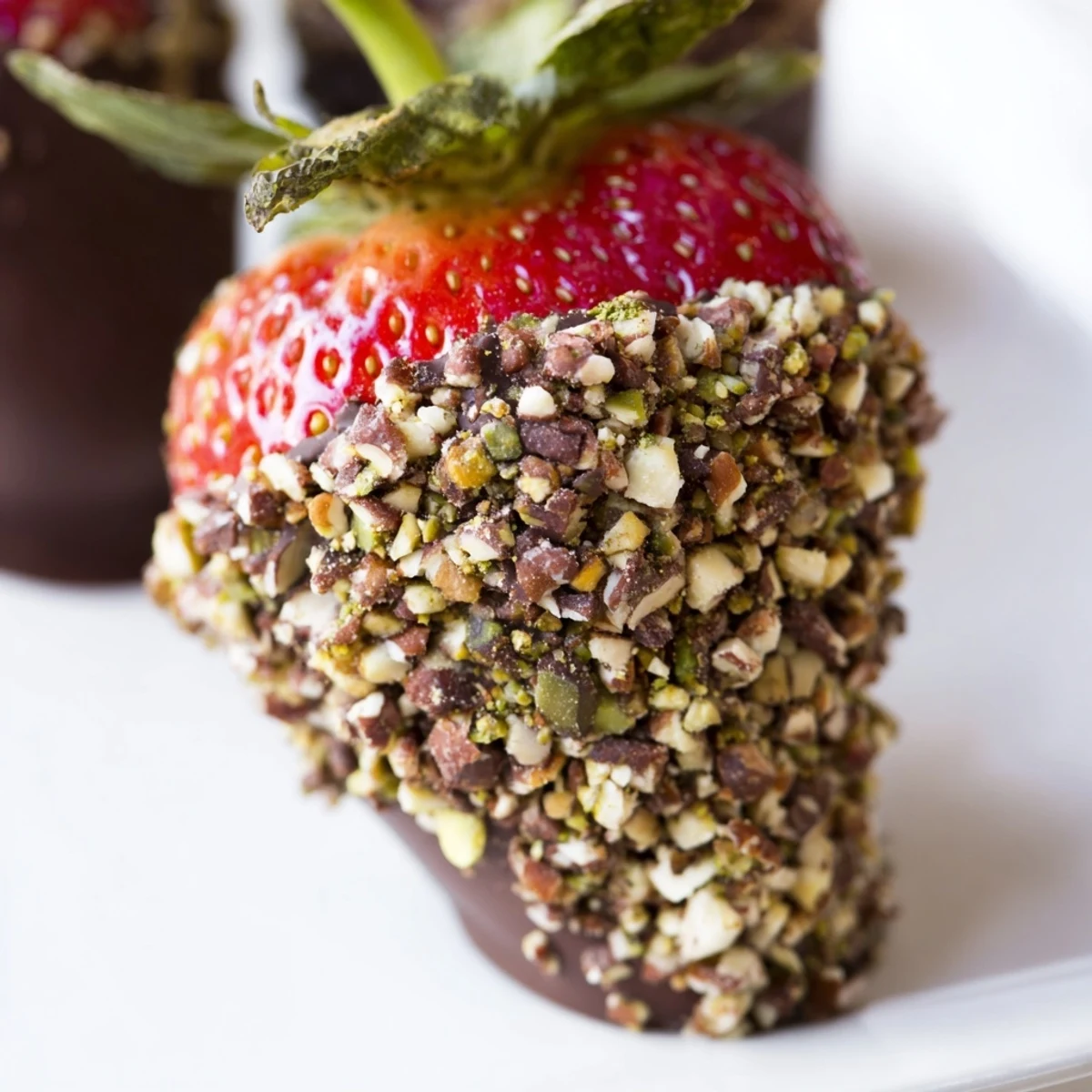 A close-up of chocolate-dipped strawberries with nuts, glossy coating, and fresh stems on a simple platter.