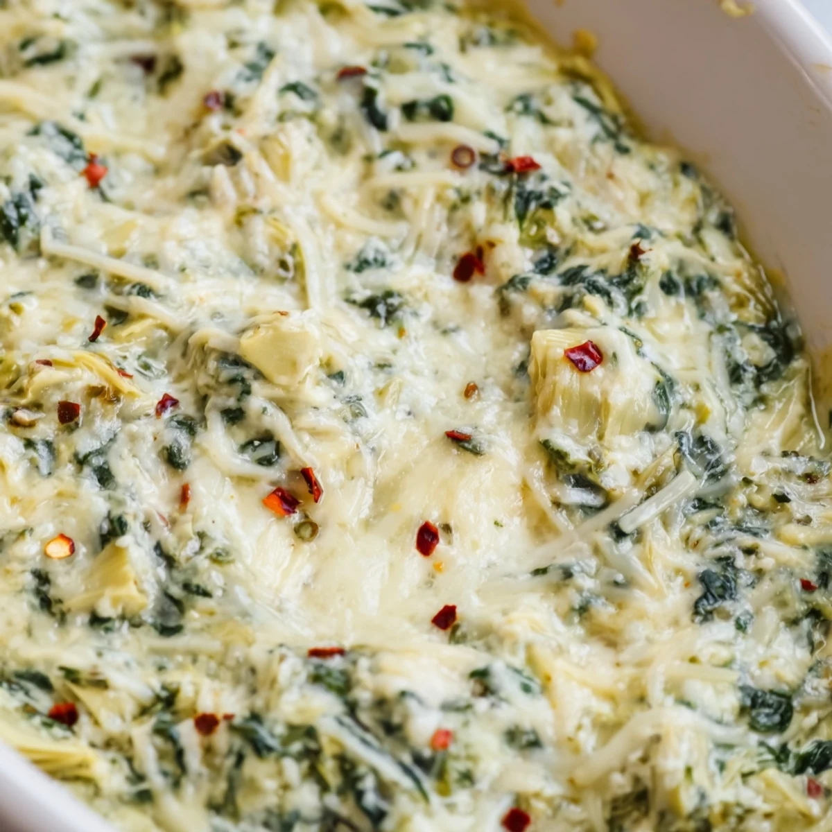 Freshly baked Creamy Spinach and Artichoke Dip, bubbling with melted mozzarella and Parmesan, topped with a golden crust.  