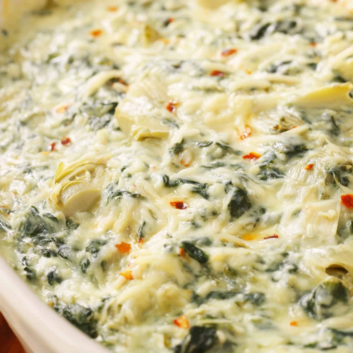 A warm bowl of Creamy Spinach and Artichoke Dip served with crispy tortilla chips and toasted baguette slices.  