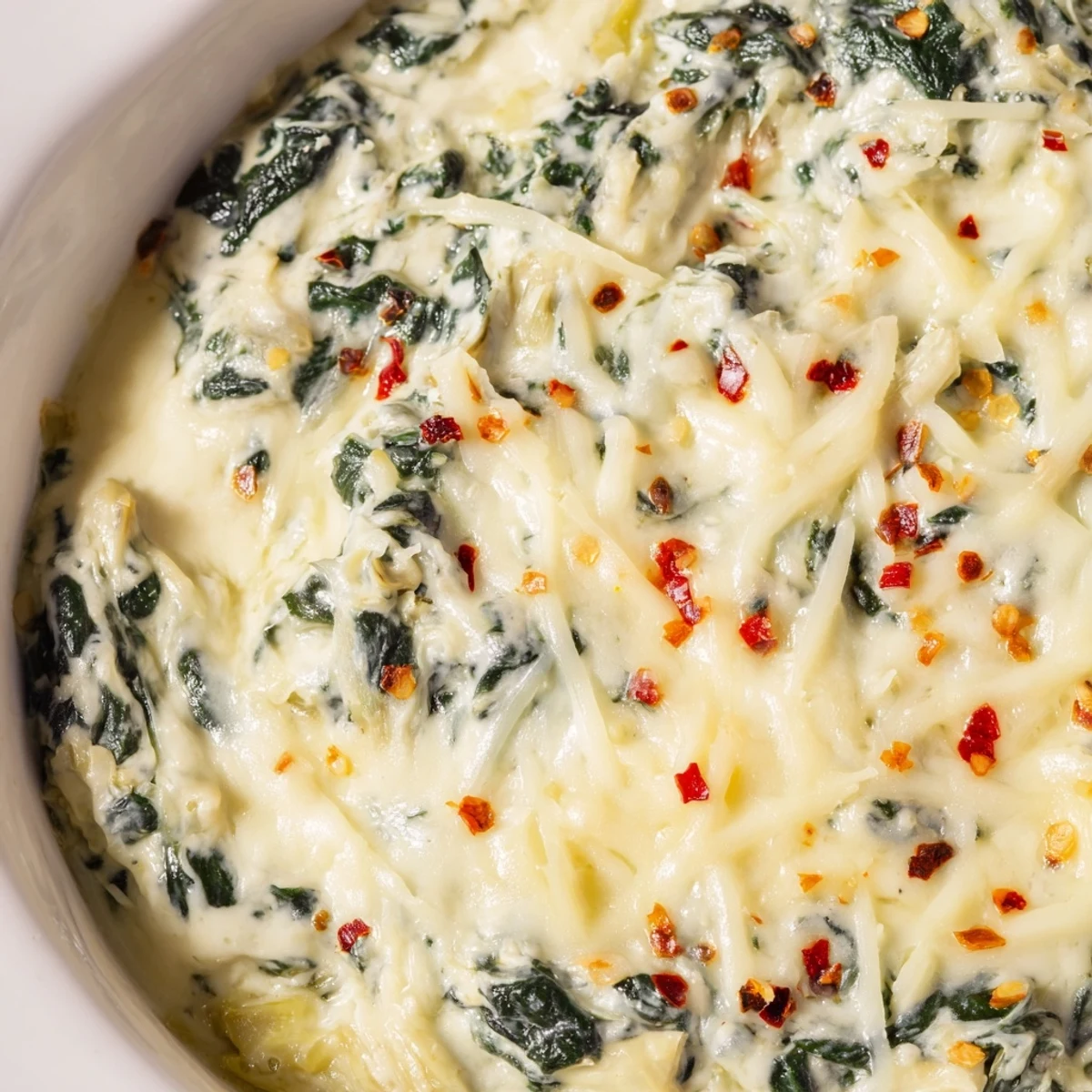 Homemade Creamy Spinach and Artichoke Dip in a ceramic dish, garnished with red pepper flakes and fresh spinach.