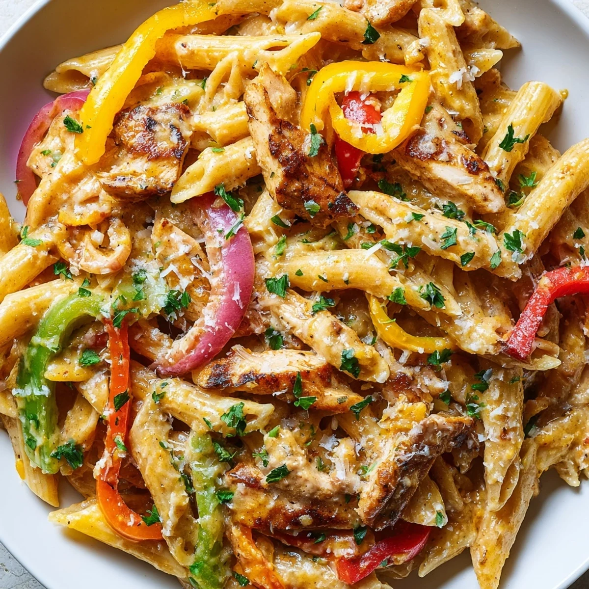 Creamy Cajun Chicken Pasta with Bell Peppers in a skillet, with colorful peppers and fresh parsley garnish.  
