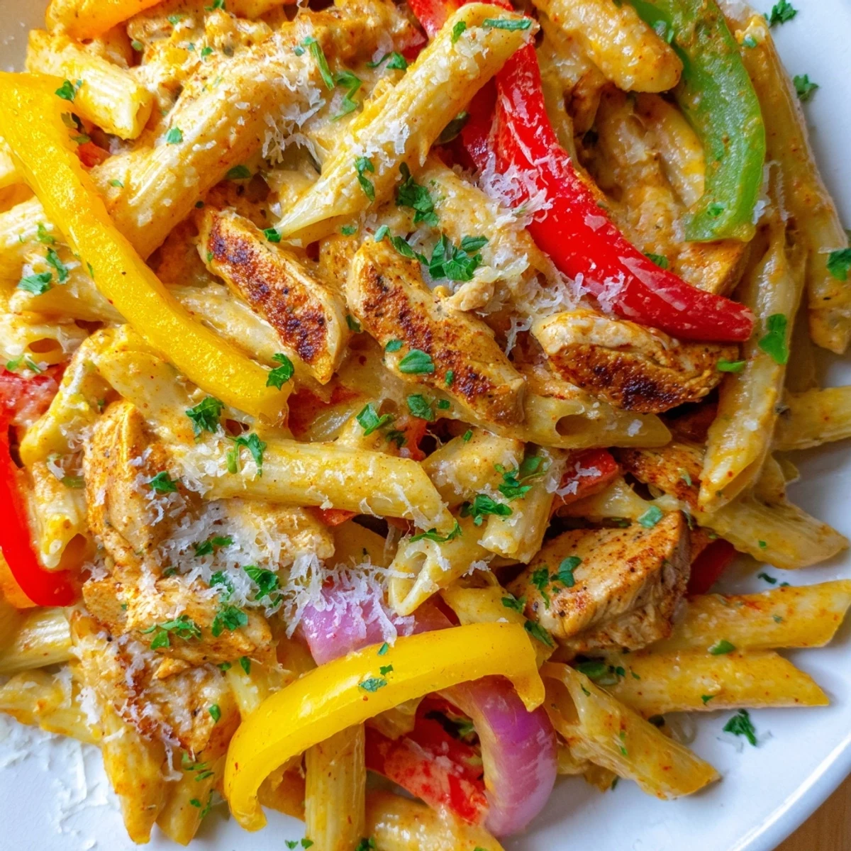 A plate of Cajun Chicken Pasta with Bell Peppers, featuring tender chicken strips and al dente penne.