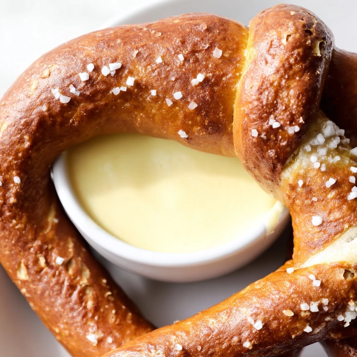 A close-up of Game Day Soft Pretzels with Cheese Sauce, showcasing a creamy, tangy dip beside salted pretzels.