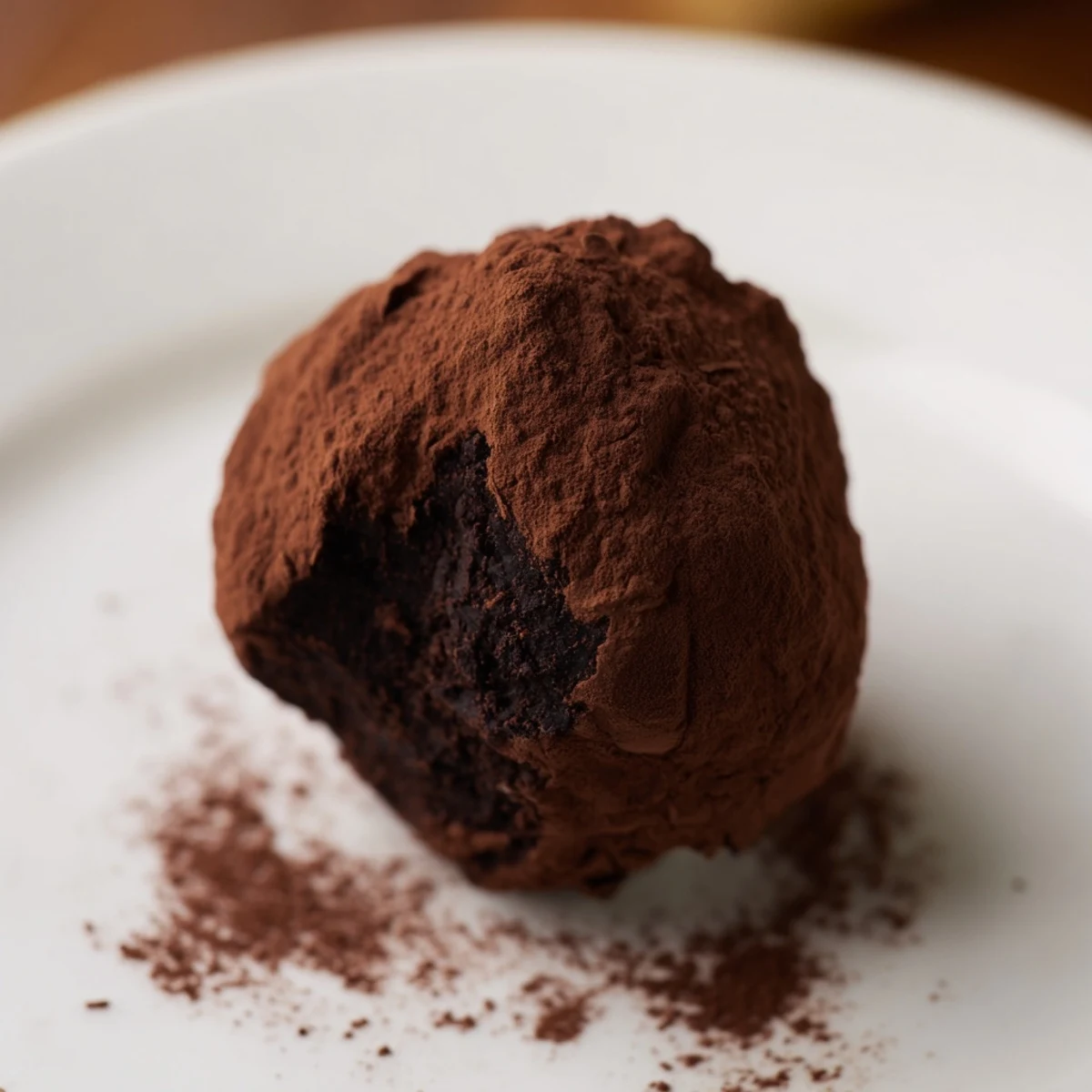 A close-up view of Decadent Dark Chocolate Truffles reveals their velvety texture, with one truffle partially cut to show the smooth, intense cocoa ganache center.