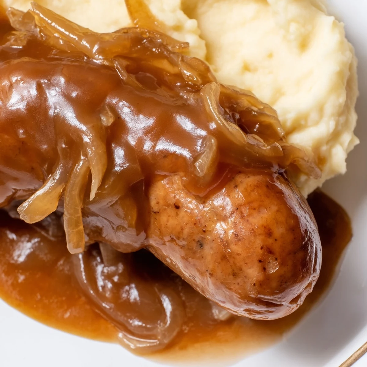 Hearty bangers and mash with onion gravy served over creamy potatoes, perfect for cozy weeknight dinners.
