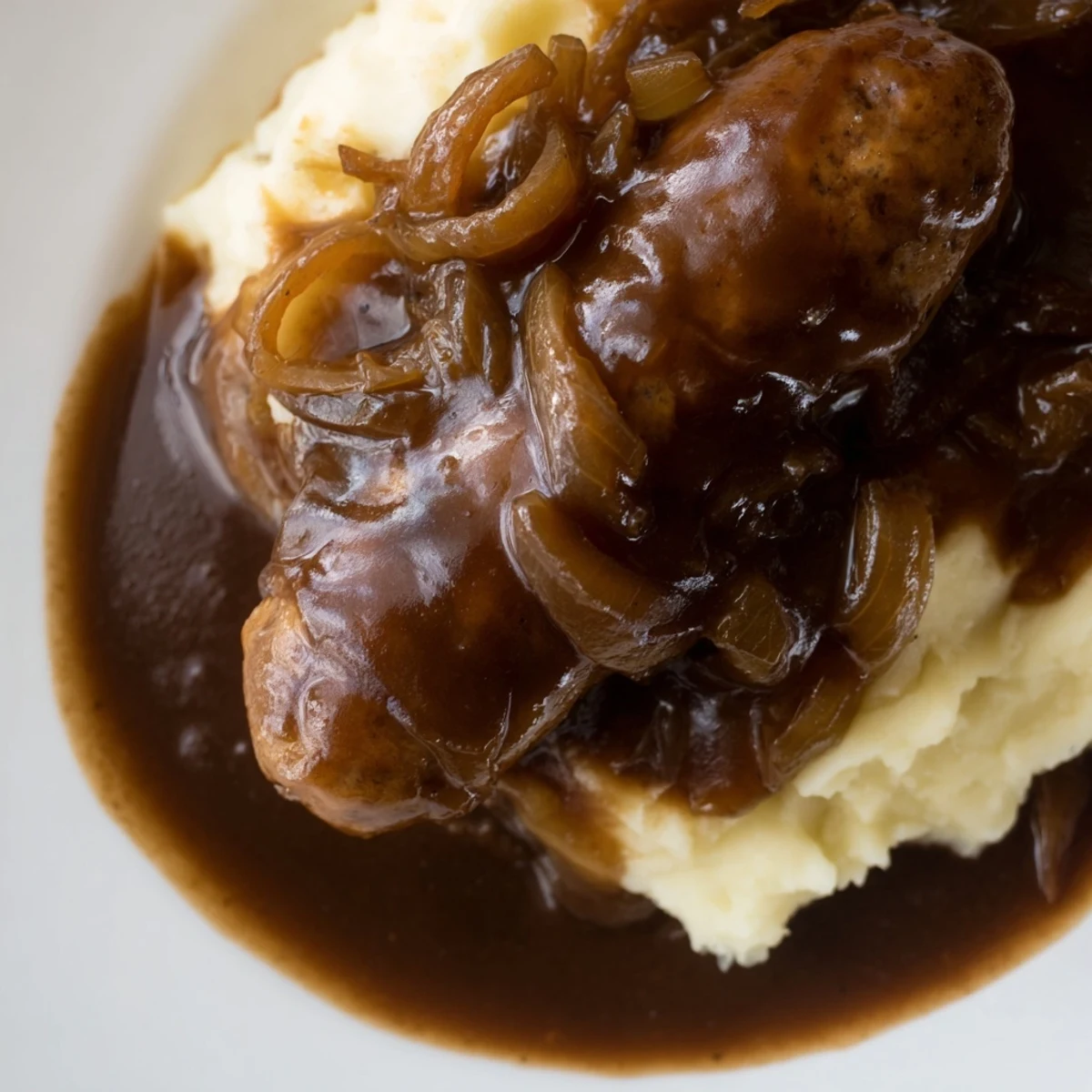 Golden brown bangers and mash with onion gravy, spooned over creamy mashed potatoes on a rustic plate.