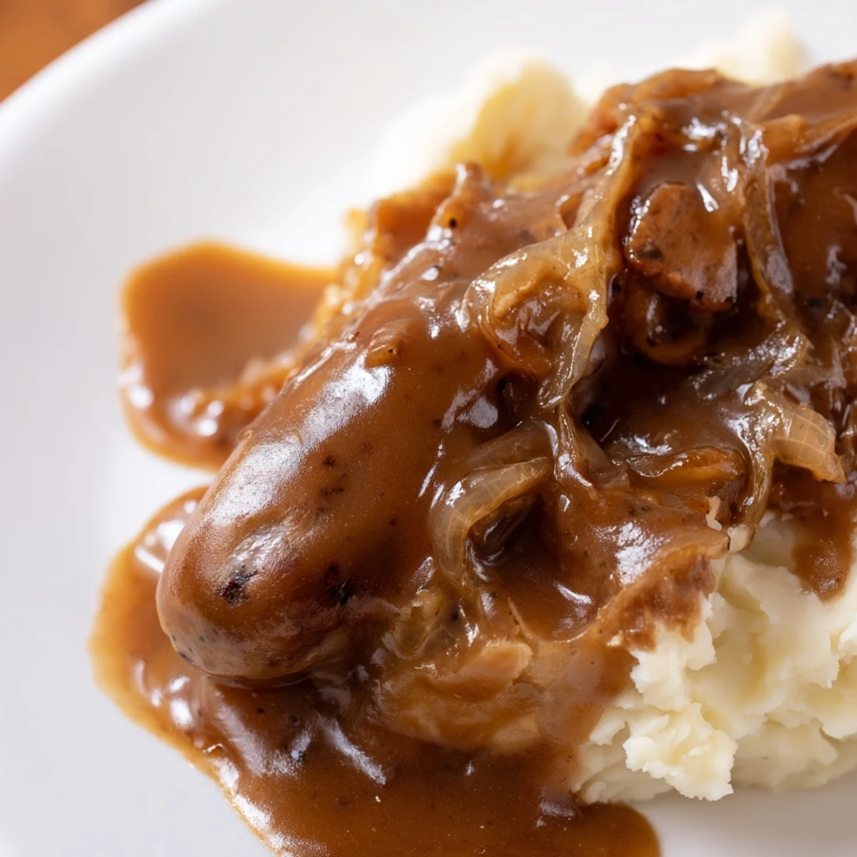 Steaming bangers and mash with onion gravy on a plate, with rich gravy cascading over creamy potatoes.