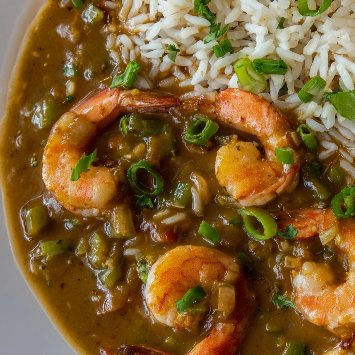 Golden-brown shrimp nestled in a spicy, tomato-rich étouffée sauce, served over fluffy white rice in a rustic skillet.