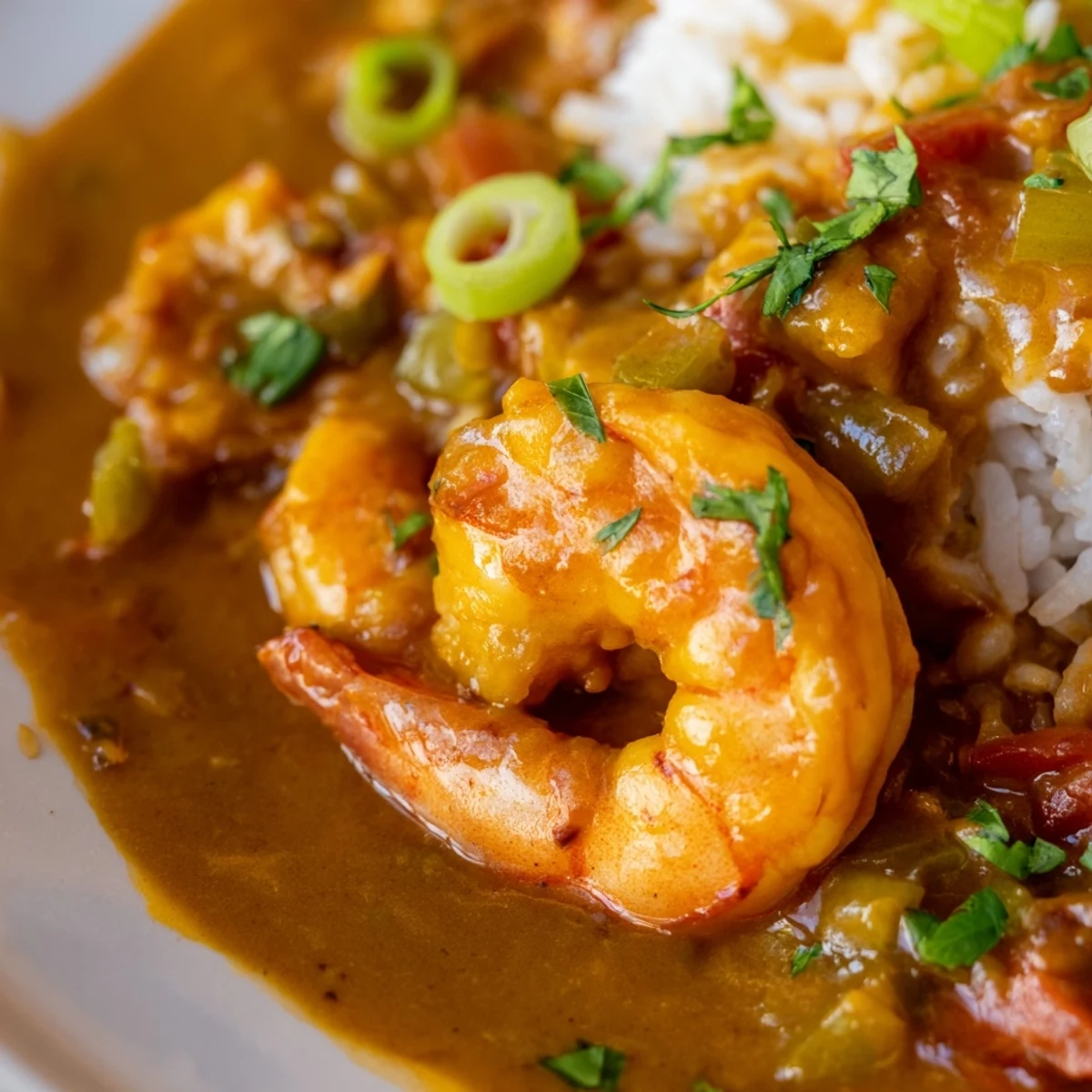 A close-up of shrimp étouffée, showcasing plump shrimp in a thick, spicy roux with fresh parsley garnish.