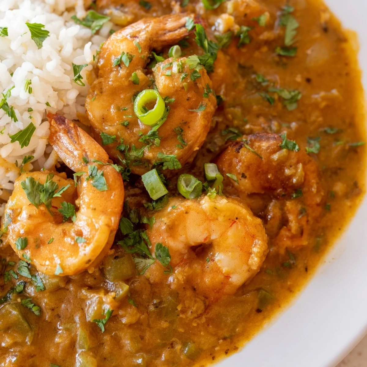 Steam rises from a hearty bowl of Louisiana-style shrimp étouffée, paired with crusty bread for dipping.