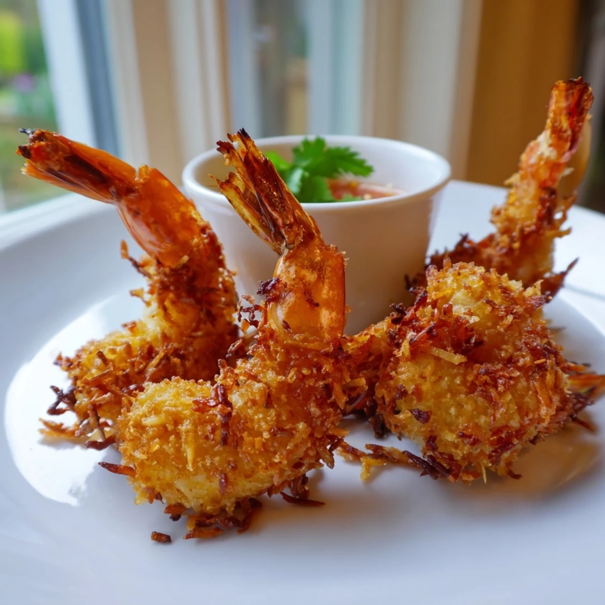 Golden, crispy coconut shrimp topped with zesty sweet chili dipping sauce, served fresh on a platter.  