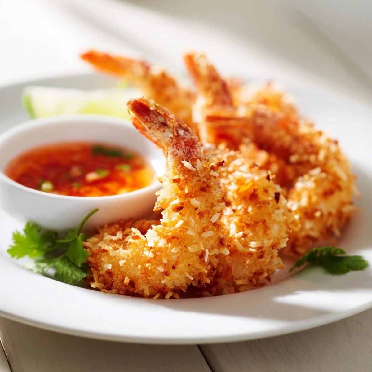 Crispy Coconut Shrimp with Sweet Chili Sauce arranged neatly, garnished with lime wedges and fresh cilantro.  