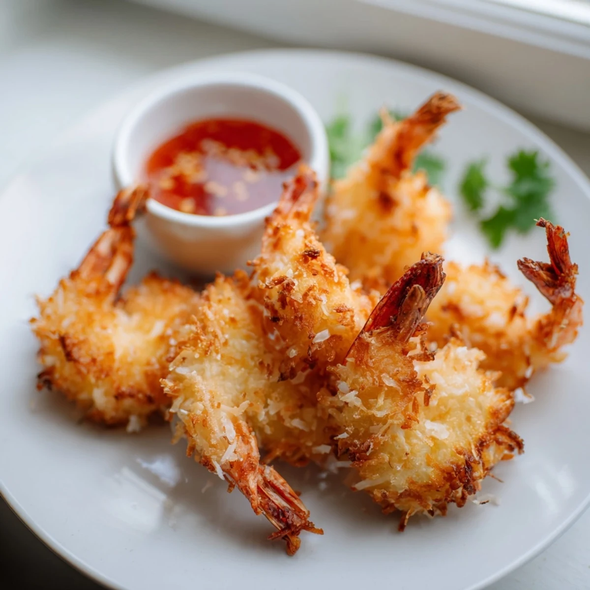 A close-up of golden fried Crispy Coconut Shrimp with Sweet Chili Sauce, highlighting the crunchy texture.