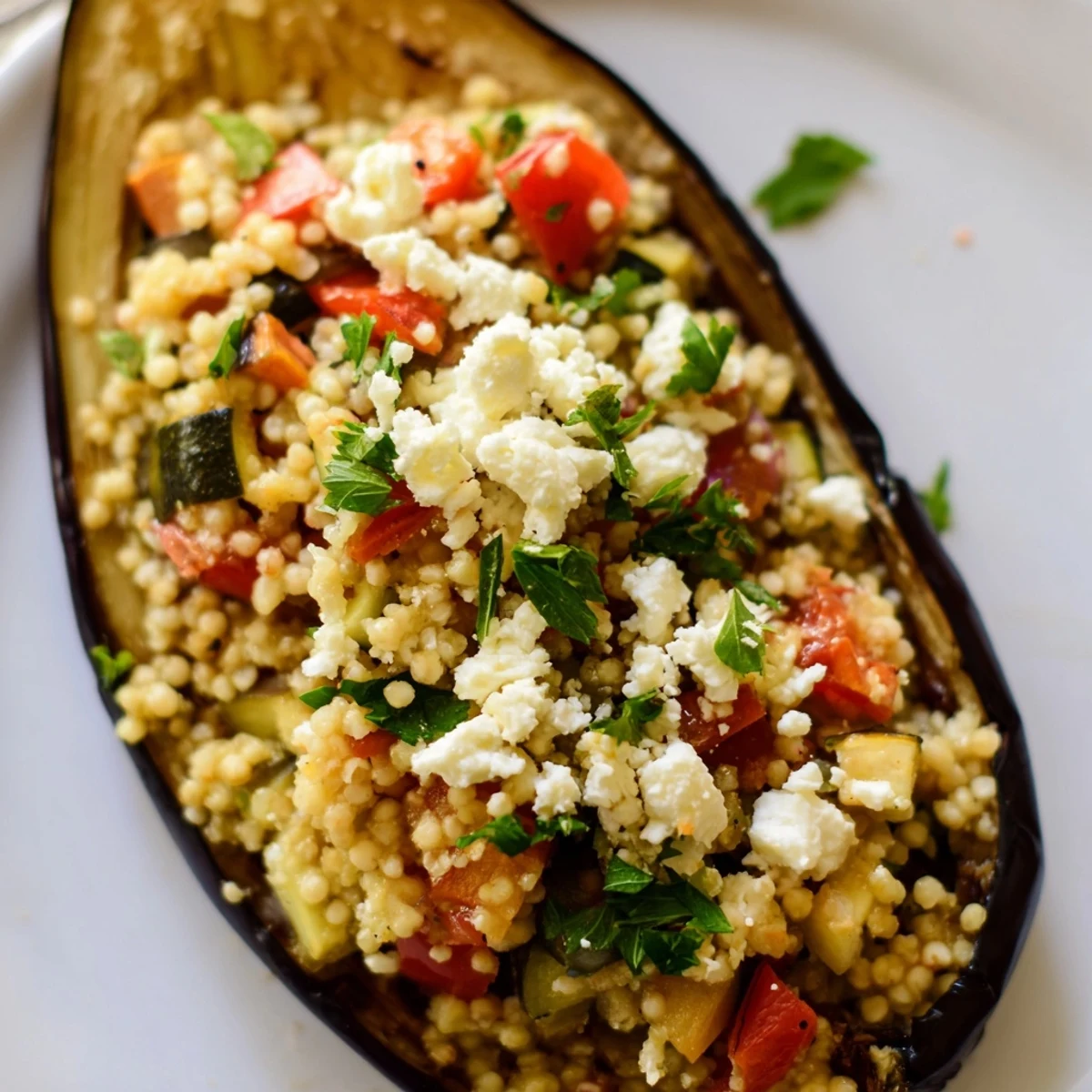 Freshly baked Mediterranean Stuffed Eggplant topped with melted feta, vibrant parsley, and a bright lemon garnish.