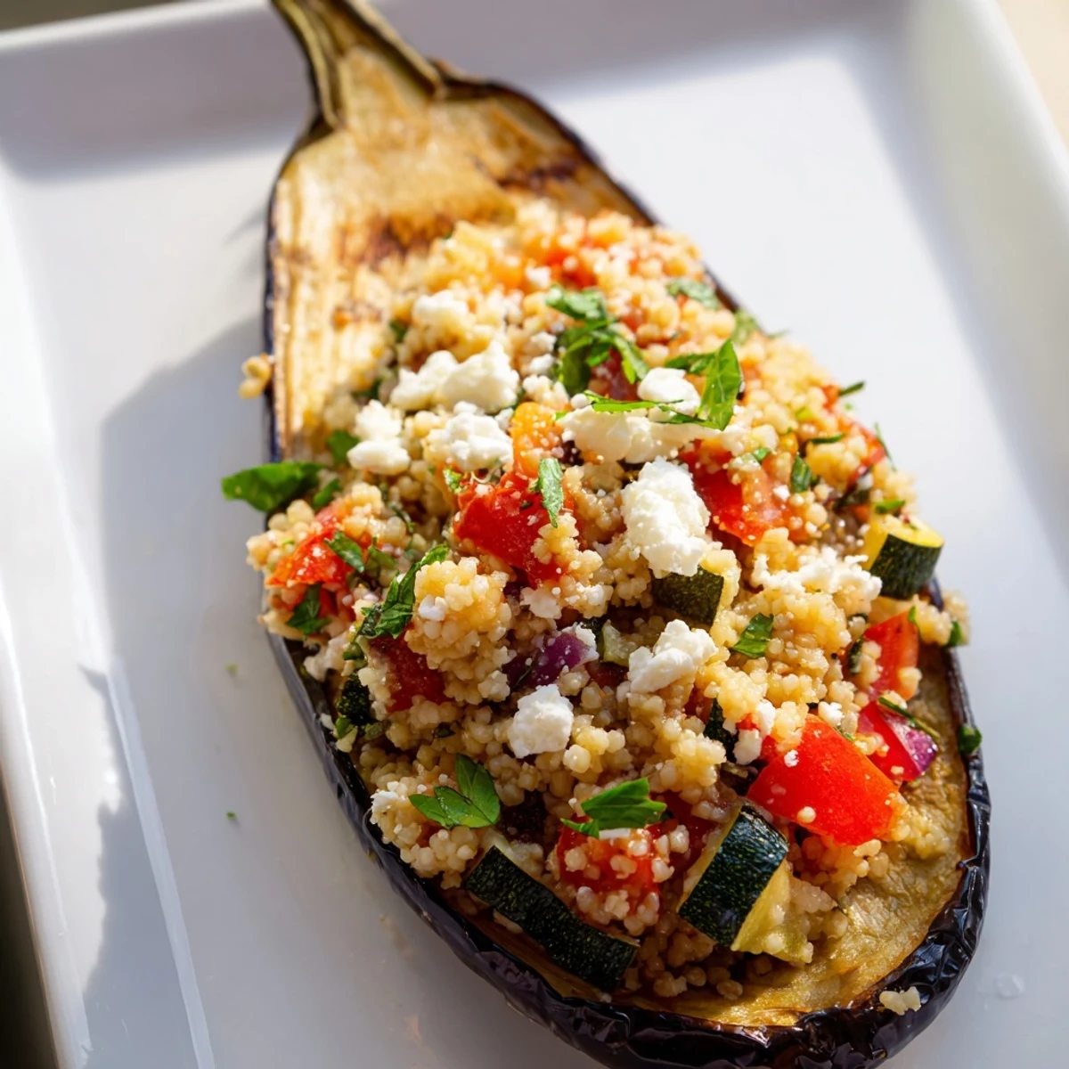 Rustic Mediterranean Stuffed Eggplant served hot from the oven, revealing a hearty filling of couscous and roasted vegetables.