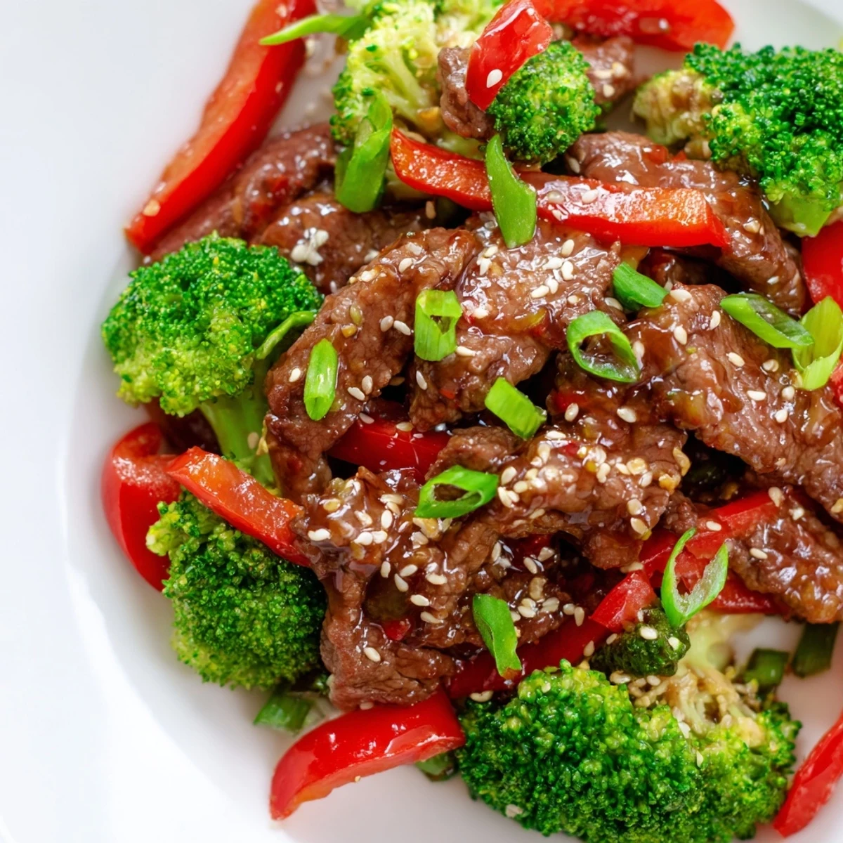 Steamy, spicy beef and broccoli stir fry with ginger sizzles in a hot wok, garnished with sesame seeds.  