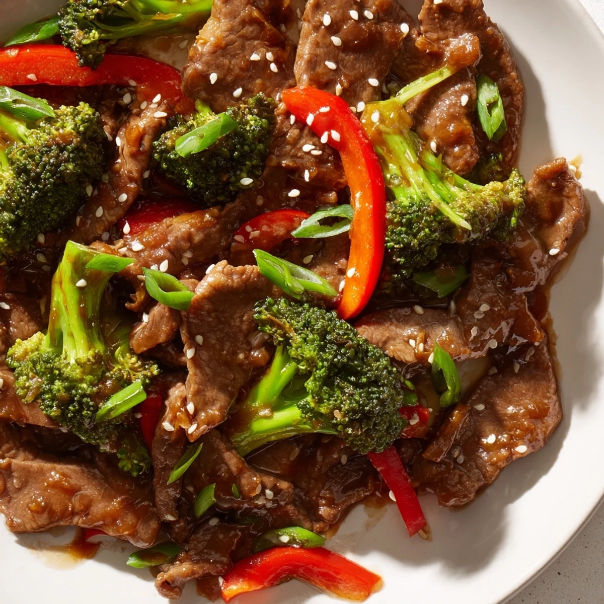 A vibrant serving of spicy beef and broccoli stir fry with ginger, ready to be scooped over steamed rice.