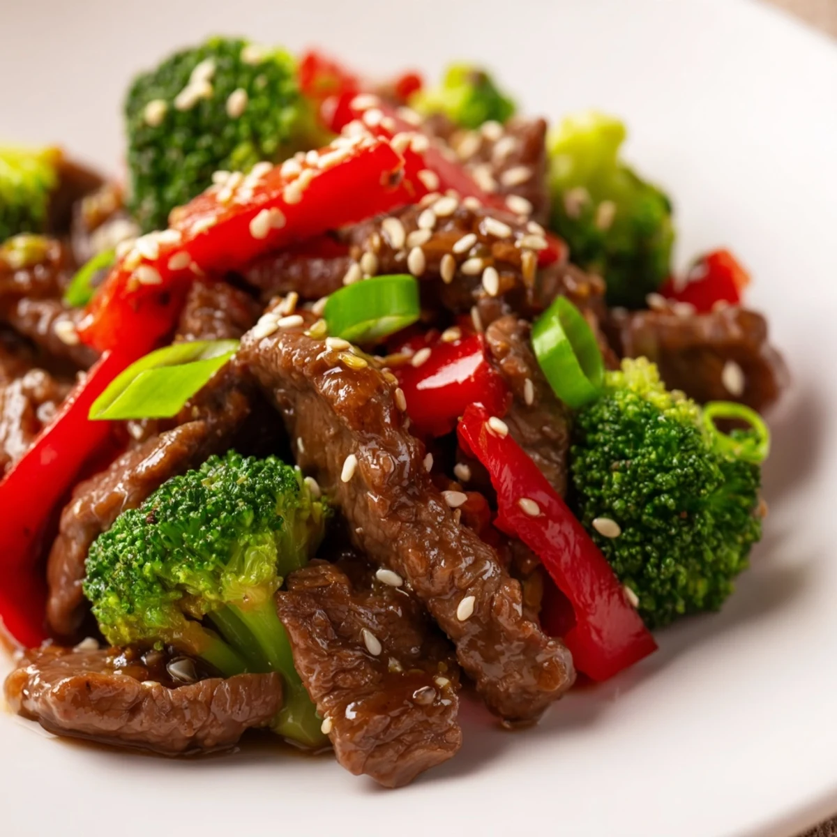 A close-up of spicy beef and broccoli stir fry with ginger, its glossy sauce clinging to tender beef and crisp broccoli.  