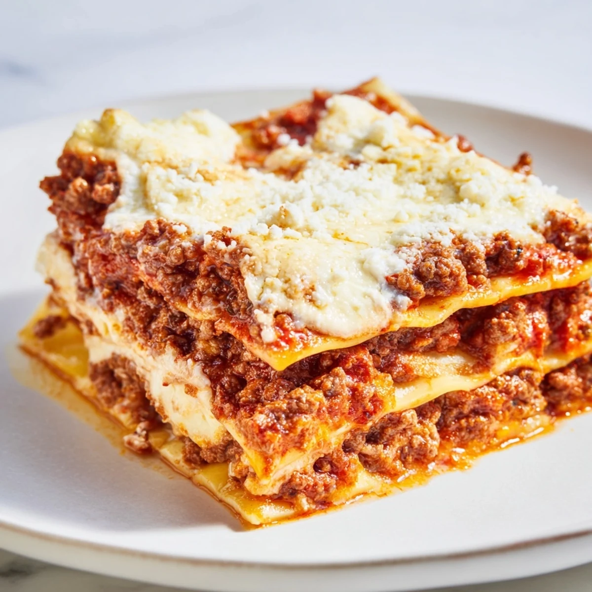 Golden-brown Classic Beef Lasagna bubbling from the oven, with layers of rich meat sauce, creamy béchamel, and melted mozzarella on a rustic wooden table.  