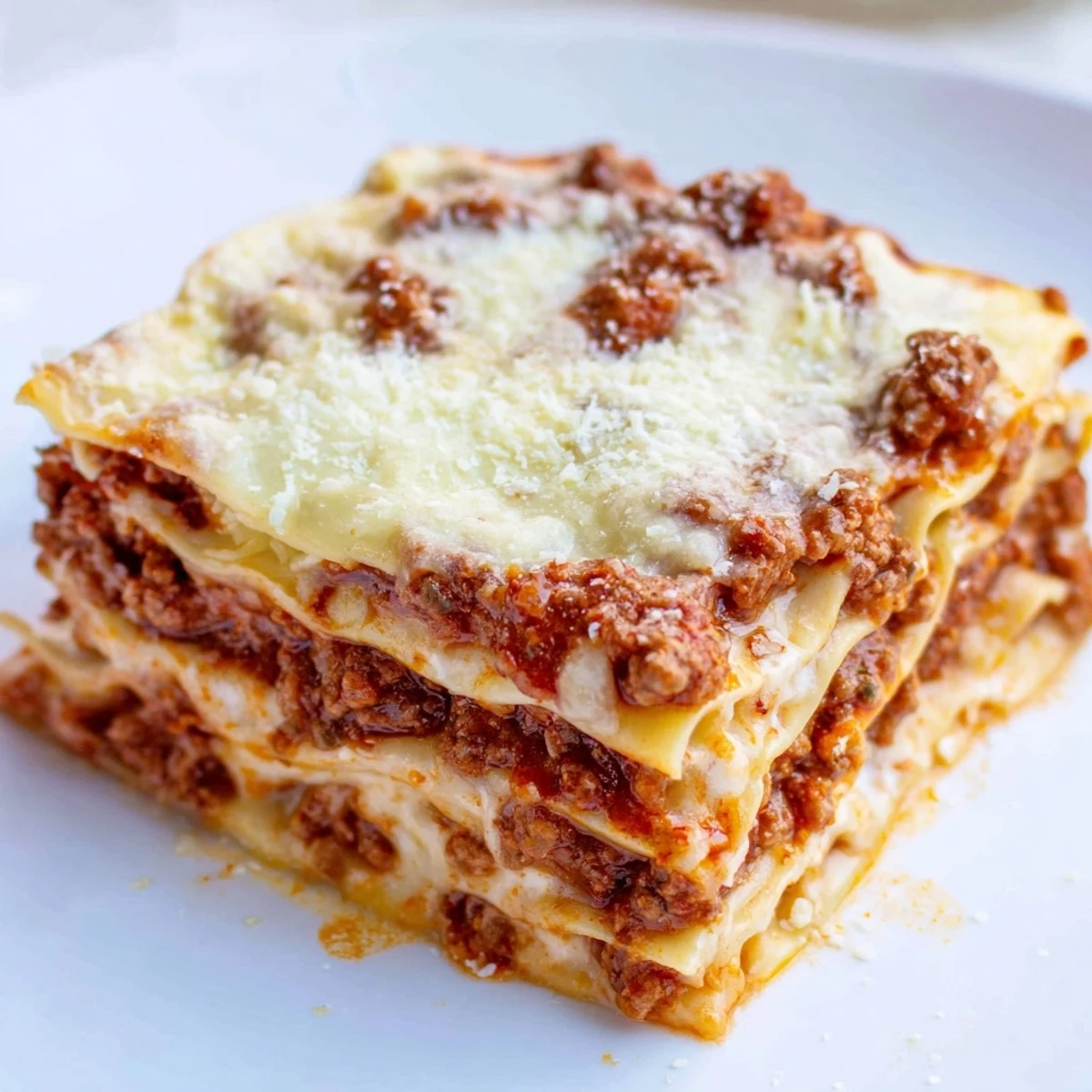 Close-up of Classic Beef Lasagna showing tender noodles, hearty homemade meat sauce, and gooey cheese pull, perfect for a cozy family dinner.  