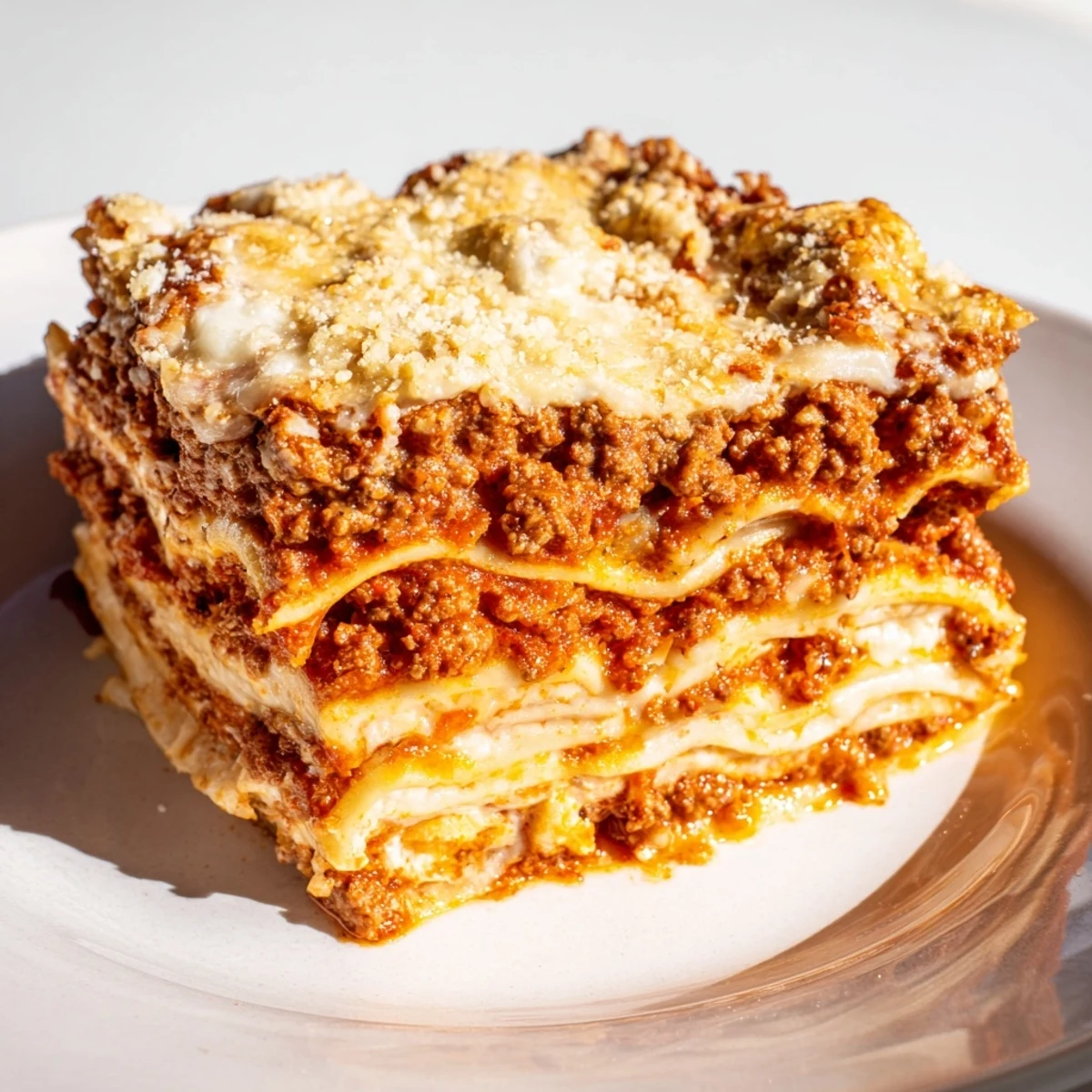 Classic Beef Lasagna slice on a white plate, garnished with fresh basil, served alongside a crisp green salad for a complete Italian meal.
