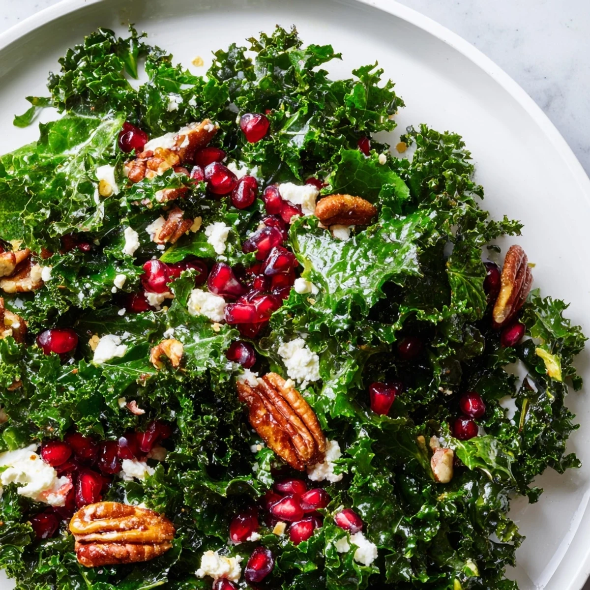 Winter Kale Salad with Pomegranate and Pecans served in a rustic white bowl, highlighting vibrant red seeds and toasted nuts.